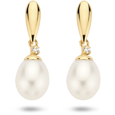 oorhangers parel en zirkonia 19 mm 14K geelgoud