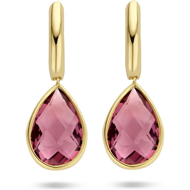 Treasure Collection Q182b 14k geelgouden oorringen met rhodoliet kwarts hanger