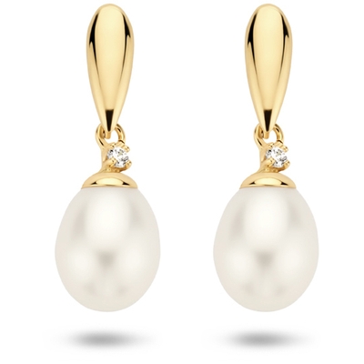 9k oorhangers parel en zirkonia 19 mm 9K geel