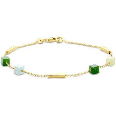 armband blauw en groen kwartsiet 19 cm 14K geelgoud