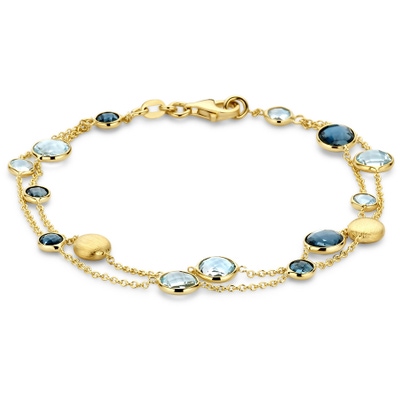 armband rondjes sky blue topaas en london blue topaas 19 cm 14K geelgoud
