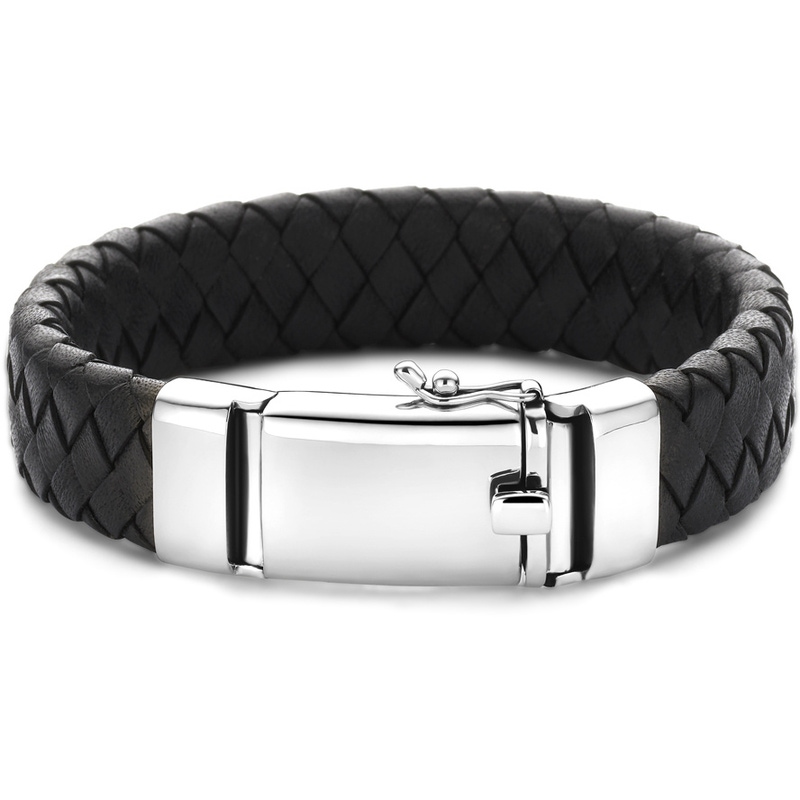 armband zwart leer 15 mm 21 cm zilver gerhodineerd