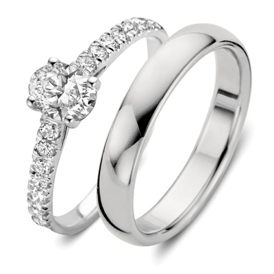 Aurore Jewelry Franky Royal en Jess 18k witgouden trouwringen 0,75 ct diamant lab grown