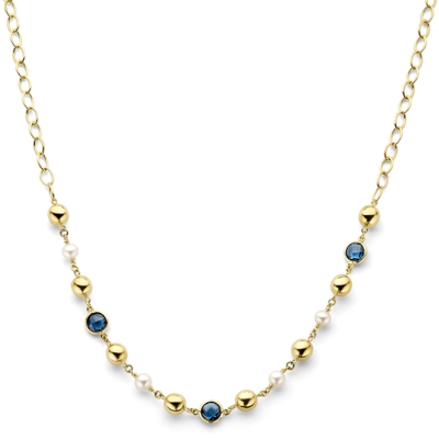 collier bolletjes parels en london blue topaas 43 cm 14K geelgoud