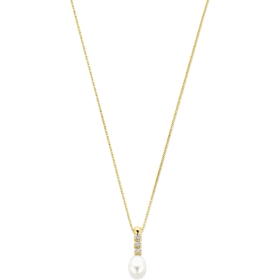 collier zirkonia en parel 42 - 45 cm 14K geelgoud