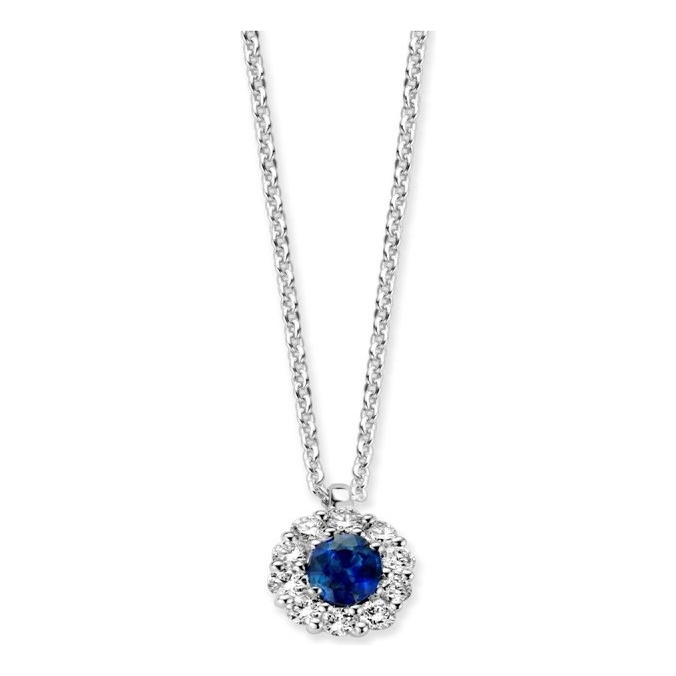 Excellent Jewelry CP216620 14 karaat witgouden ketting met saffier en 0,15 ct diamant