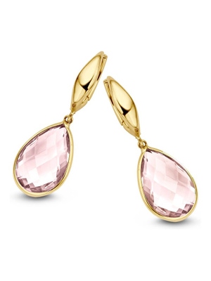 Oorringen geelgoud rose quartz