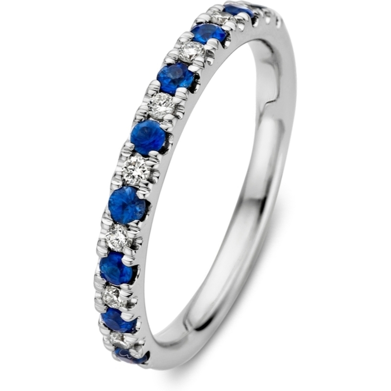 Excellent Jewelry RG237538 14k witgouden ring met saffier en 0,14 ct diamant