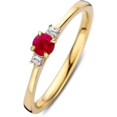 RK138269 14k gouden solitair ring met zijstenen robijn en 007 ct diamant