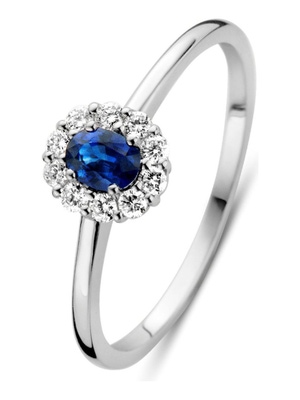 Excellent Jewelry RP216627 14 karaat witgouden ring met saffier en 0,15 ct diamant