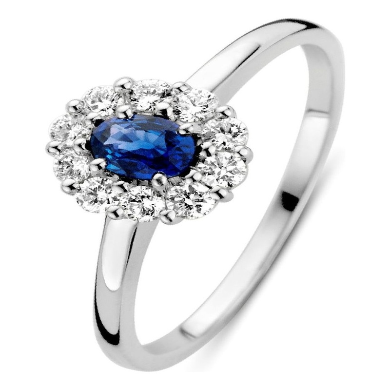 Excellent Jewelry RP216628 14 karaat witgouden ring met saffier en 0,25 ct diamant
