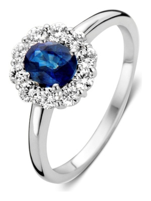 Excellent Jewelry RP216629 14 karaat witgouden ring met saffier en 0,45 ct diamant