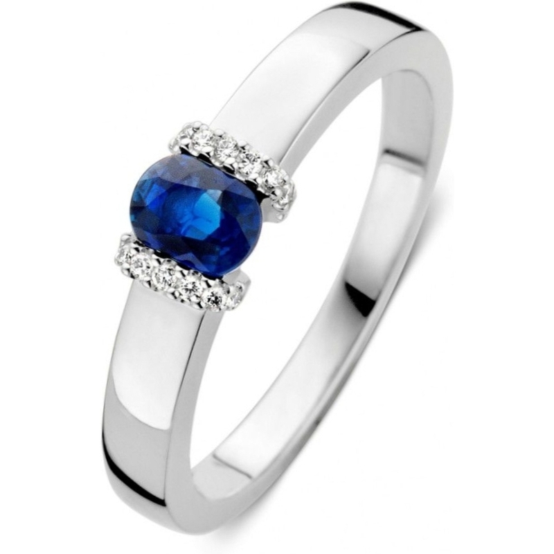 Excellent Jewelry RP216635 14k witgouden ring met saffier en 0,07 ct diamant