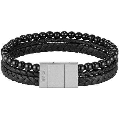HBJ1580786 Leren armband met onyx stenen 19 cm