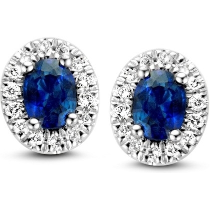 Excellent Jewelry OG216639 14 karaat witgouden oorknopjes met saffier en 0,12 ct diamant
