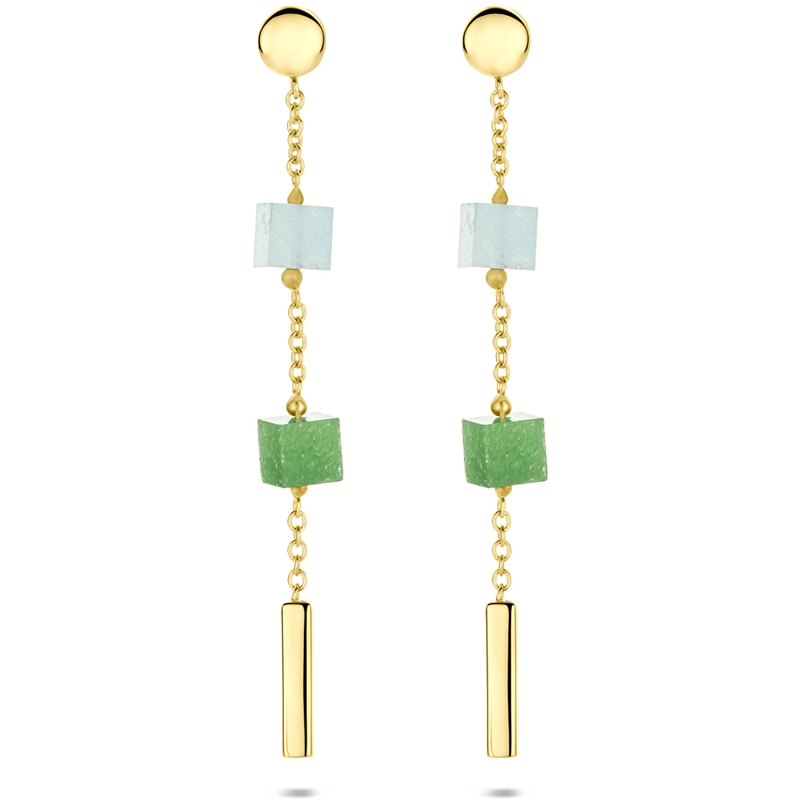 oorhangers blauw en groen kwartsiet 46 mm 14K geelgoud