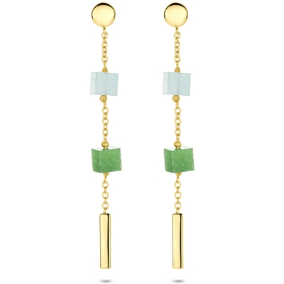 oorhangers blauw en groen kwartsiet 46 mm 14K geelgoud