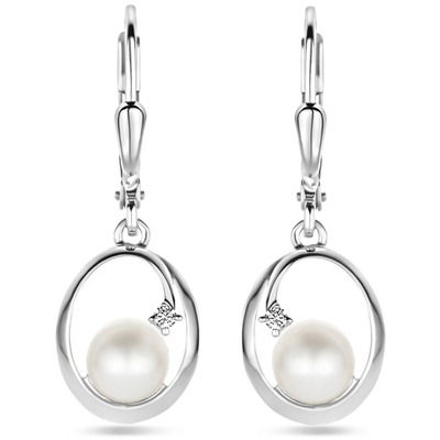 oorhangers ovaal parel en zirkonia brisur haak 27 mm zilver gerhodineerd
