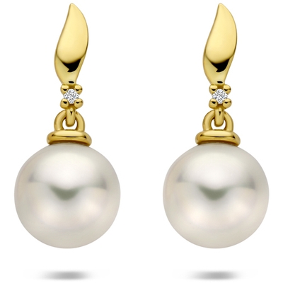 oorhangers parel en diamant 001ct 2x 0005ct h p 17 mm 14K geelgoud