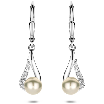 oorhangers parel zirkonia brisur haak 30 mm zilver gerhodineerd