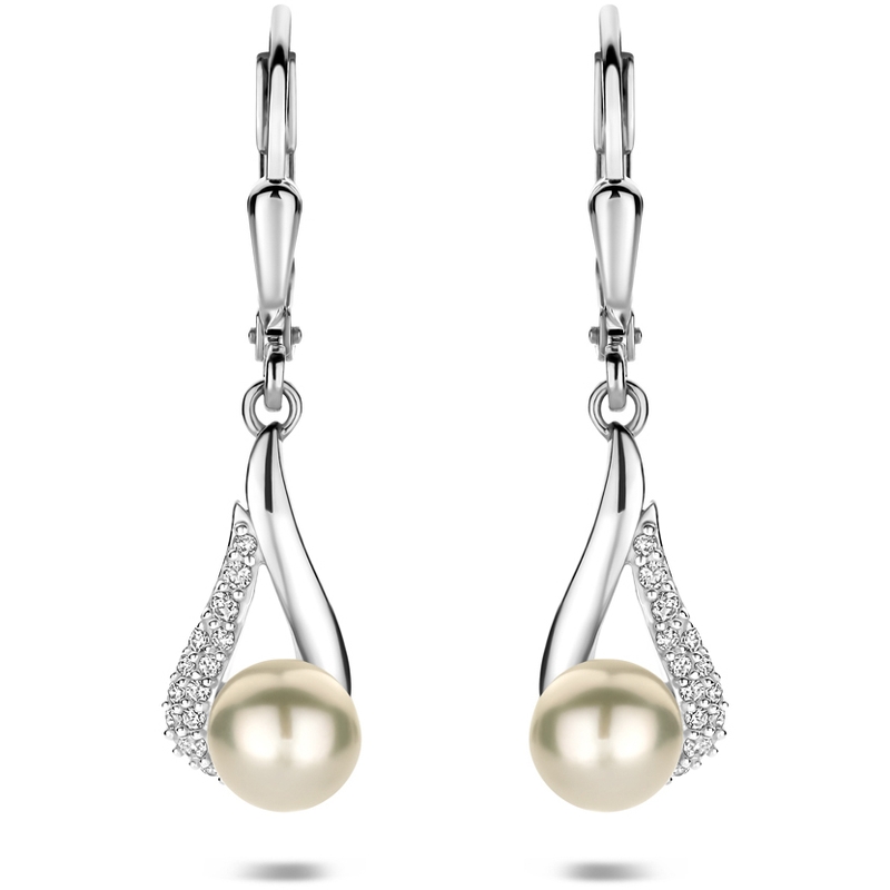oorhangers parel zirkonia brisur haak 30 mm zilver gerhodineerd