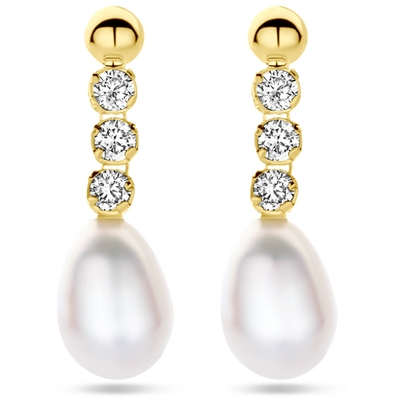 oorhangers zirkonia en parel 19 mm 14K geelgoud