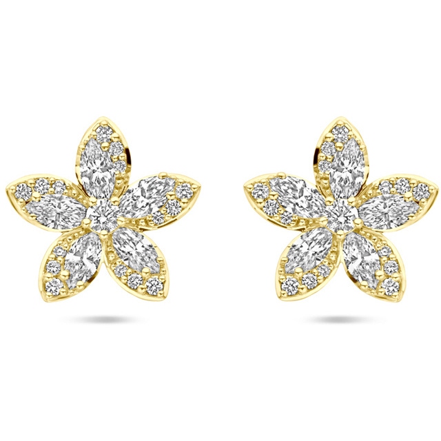 oorknoppen bloem diamant 084ct 2x 042ct h si 11 mm 14K geelgoud