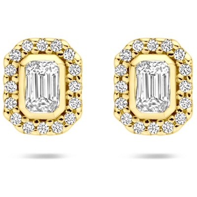 oorknoppen diamant 034ct 2x 017ct h si 7 mm halo 14K geelgoud