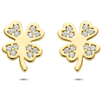 oorknoppen klavertje zirkonia 75 mm 14K geelgoud