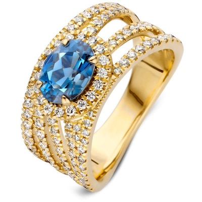 Excellent Jewelry - RG138228 14k gouden ring met london blue topaas en 0,59 ct diamant