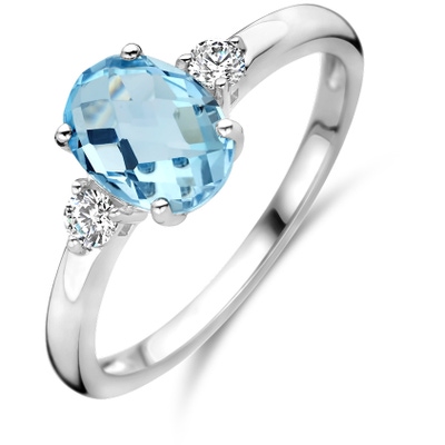 ring trilogie zirkonia en blauw topaas zilver gerhodineerd