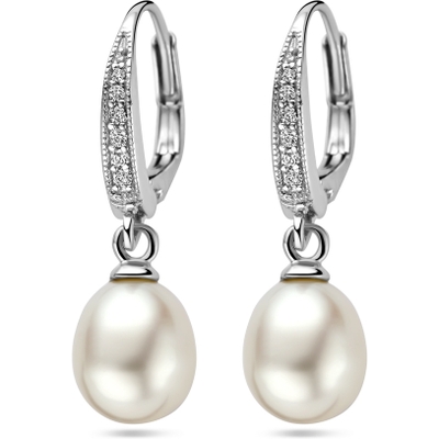 oorhangers parel en zirkonia briseur haak 29 mm zilver gerhodineerd