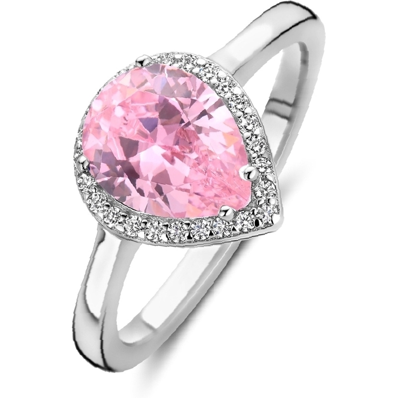 884497 Zilveren ring met roze zirkonia halo