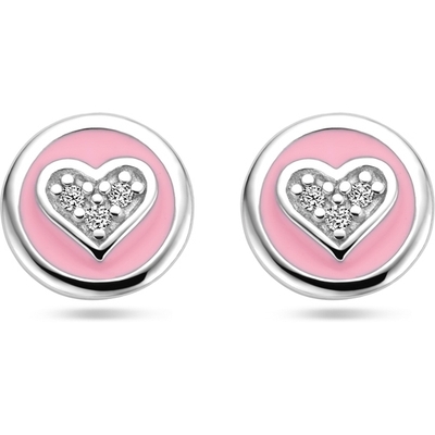 oorknoppen hart zirkonia en roze emaille zilver gerhodineerd
