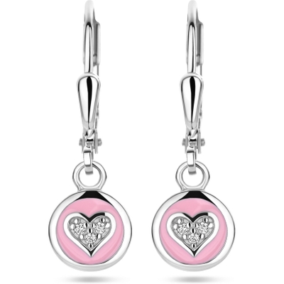 oorhangers  hart zirkonia en roze emaille brisur haak zilver gerhodineerd