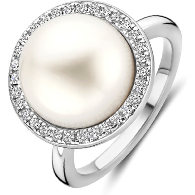 884495 Zilveren ring met parel en zirkonia halo