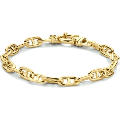 armband paperclip met balkje ronde buis 58 mm 19 cm met groot springslot 14K geelgoud