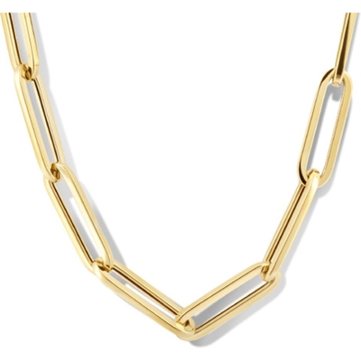 collier paperclip vierkante buis 45 mm 45 cm met groot springslot 14K geelgoud