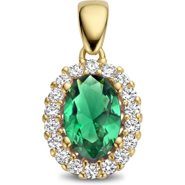 Treasure Collection Q340 14k gouden hanger halo met groene zirkonia 13 mm