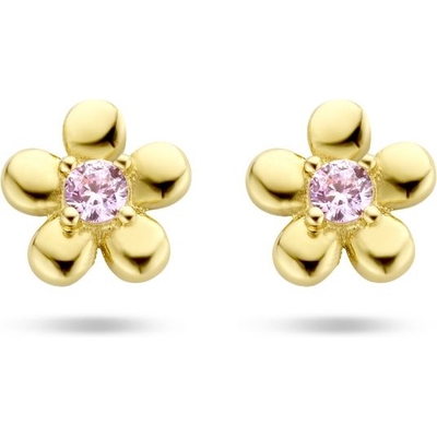 oorknoppen bloem roze zirkonia 14K geelgoud
