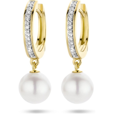 klapoorringen parel en diamant 008ct 2x 004ct h si bicolor gestift 14K geelgoud