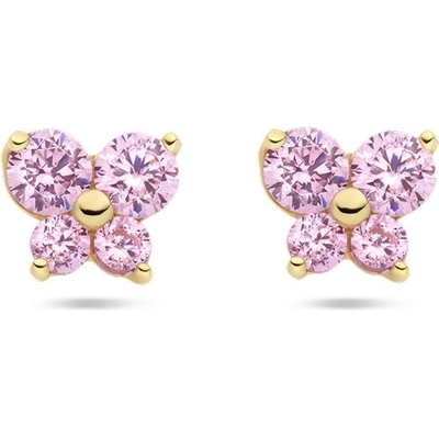 oorknoppen vlinder roze zirkonia 14K geelgoud