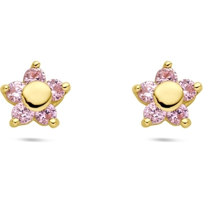 oorknoppen bloem roze zirkonia 14K geelgoud
