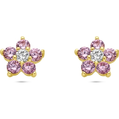oorknoppen bloem roze en wit zirkonia 14K geelgoud
