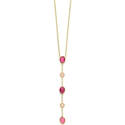 collier roze opaal en robijn 45 - 47 cm 14K geelgoud