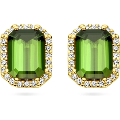 oorknoppen groen toermalijn en diamant 014ct 2x 007ct h si halo 14K geelgoud