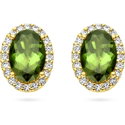 oorknoppen groen toermalijn en diamant 012ct 2x 006ct h si halo 14K geelgoud