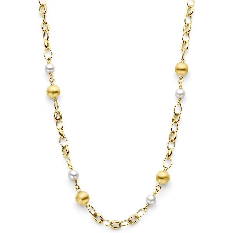 THOJ3647 14k gouden schakelketting met bolletjes en parel