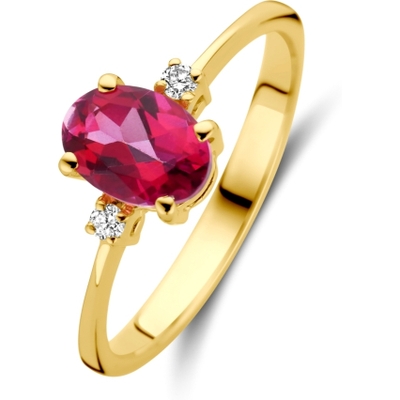 884484 14k gouden ring met trilogie roze topaas en diamant