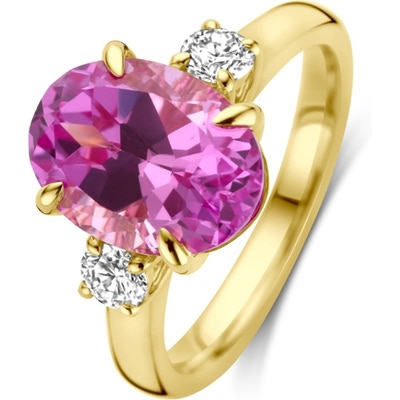 884464 14k gouden ring met trilogie lab grown saffier en diamant